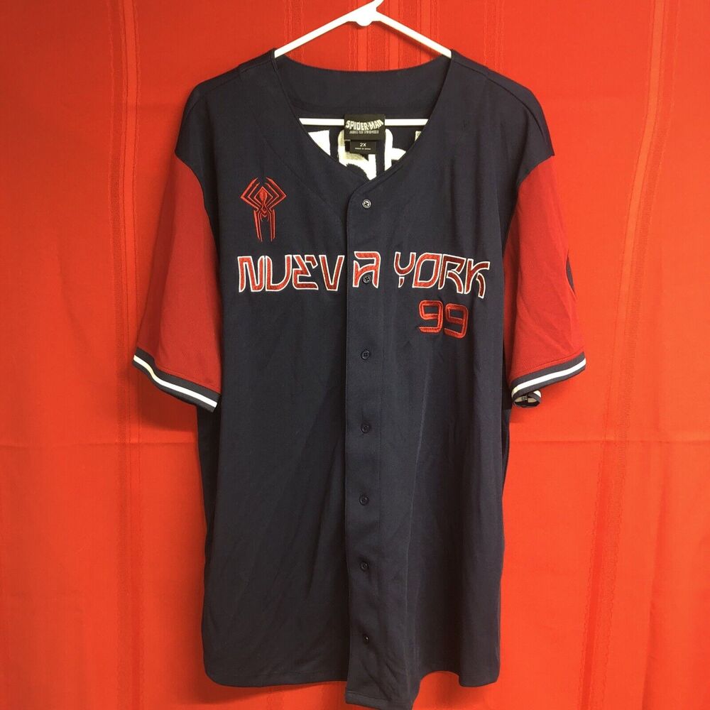 Spider-Man Baseball Jersey Mens 2X Navy Red Nueva York Button Short Sleeve